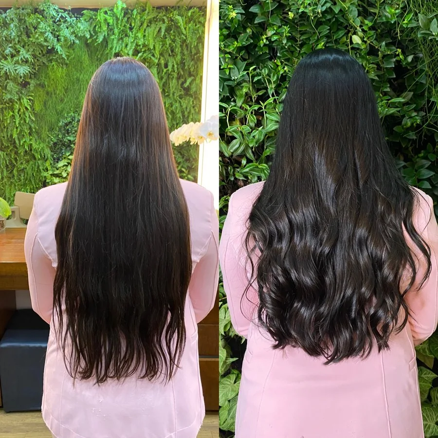 Duas vistas de cabelo escuro longo, liso à esquerda e ondulado à direita.