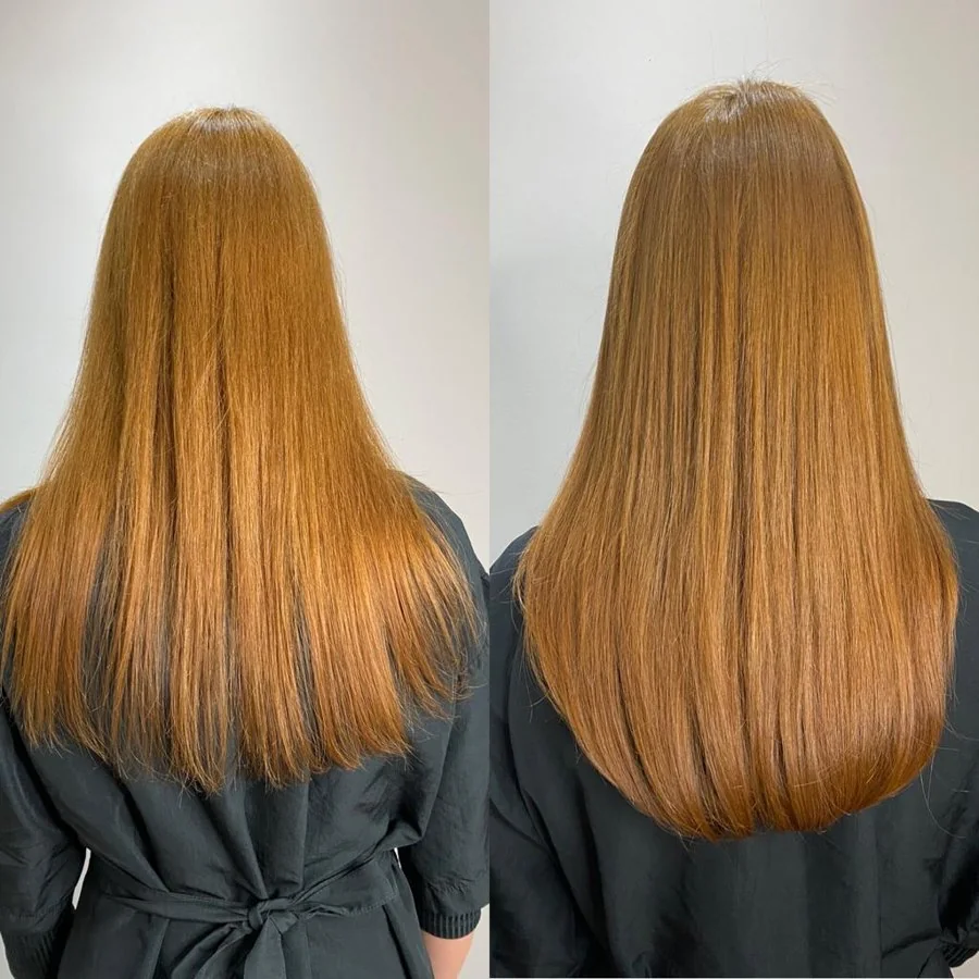 Duas vistas de cabelo longo acobreado.