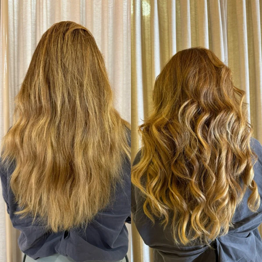 Duas vistas de cabelo longo, com ondas e volume à direita.